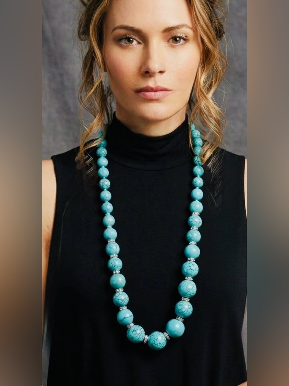 Vintage Graduated Turquoise Howlite & Crystal Pave Statement Necklace | Long Con